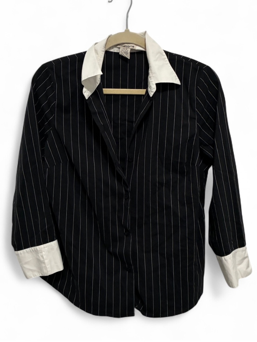 Y2K Notations Black Pinstripe Long Sleeve Shirt with White Collar and Cuffs